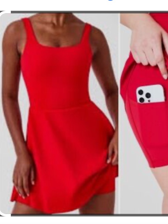 SPANX Dresses & Skirts - SPANX Get Moving Red Square-Neck Fit & Flare Athletic Dress with Shorts Pocket
